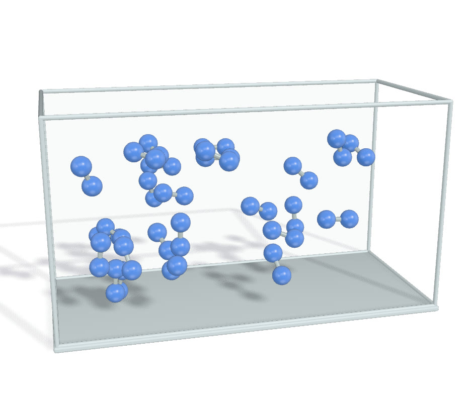 A transparent box of nitrogen molecules moving in random directions.